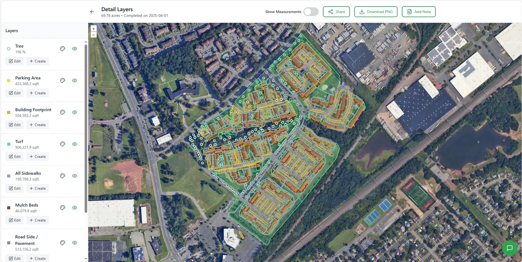 PropertyMeasure aerial measurement showing a 69.76 acre property with turf, parking, building footprint, sidewalk and mulch bed layers measured