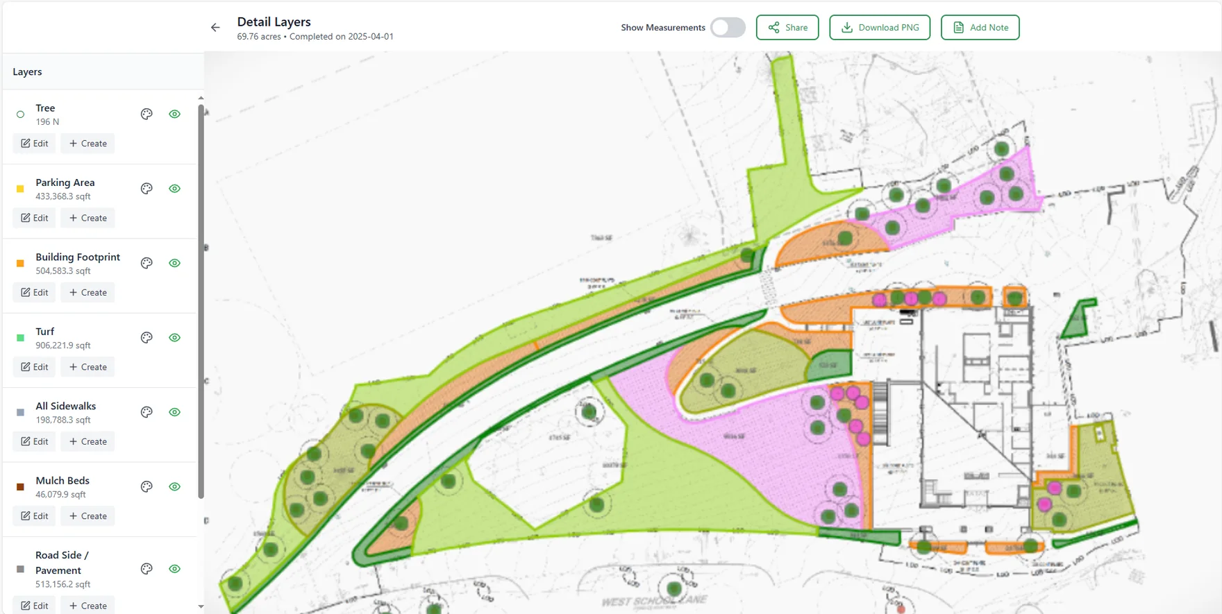 PropertyMeasure blueprint takeoff with turf, bed, tree and pavement layers measured directly on a site plan